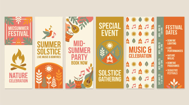 Midsummer Festival vertical banner set, summer solstice celebration flyers with bonfire and music icons, folk style event invitation templates