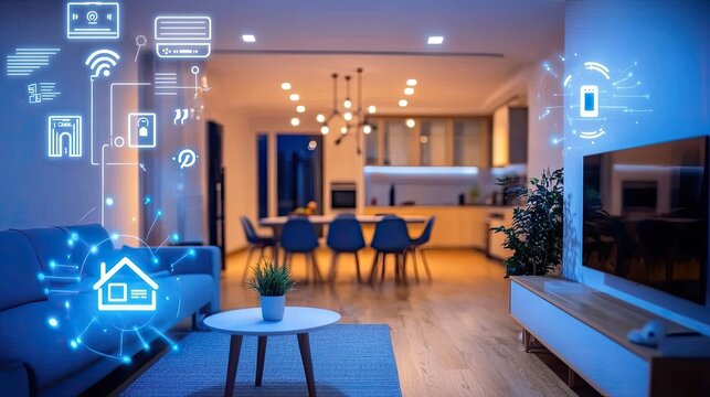 Modern smart home interior with digital interface technology