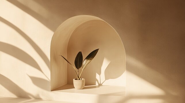 Plant in arched niche sunlight shadows minimalist interior design
