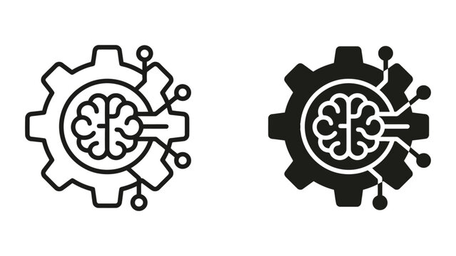 Machine learning brain circuit gear icon set featuring central neural core and connectivity nodes for software architecture and intelligent system design in clean black vector illustration