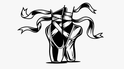 Black and White Illustration of Ballet Pointe Shoes with Ribbons © kiki__