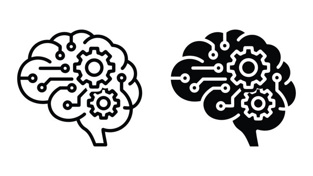 Artificial intelligence brain with rotating gears icon for cognitive computing and machine learning development concepts in linear and solid black glyph style isolated vector illustration design