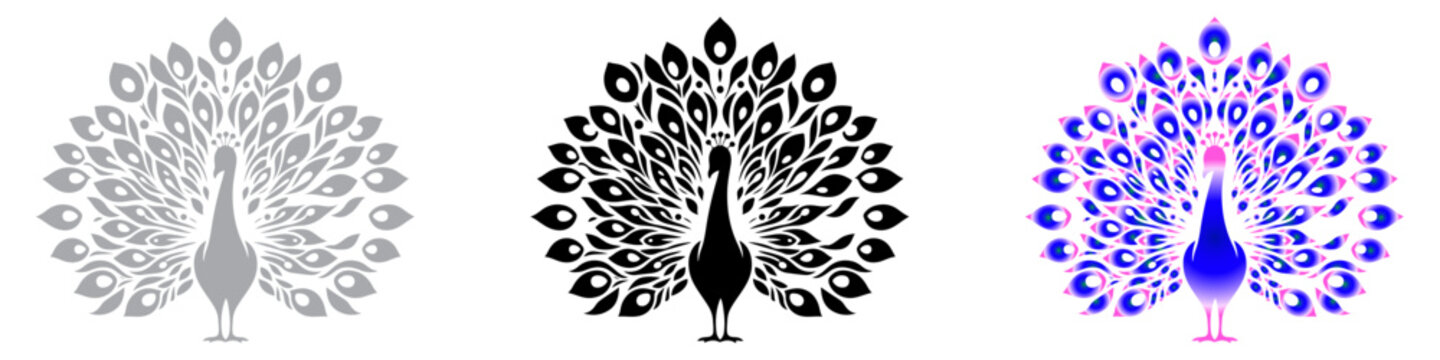 Peacock with beautiful feather silhouette Clipart Icon, logo, symbol, clipart vector illustration. PNG. Editable stroke. A colorful peacock.