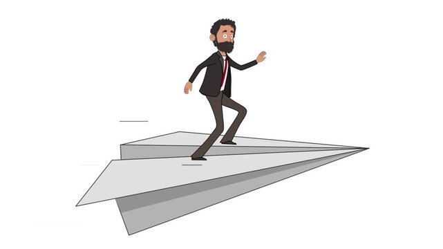 Business Man Character Flying on Paper Rocket Animation on Transparent Background