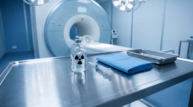 Overhead Nuclear Medicine Prep Table With Syringe In MRI Imaging Room