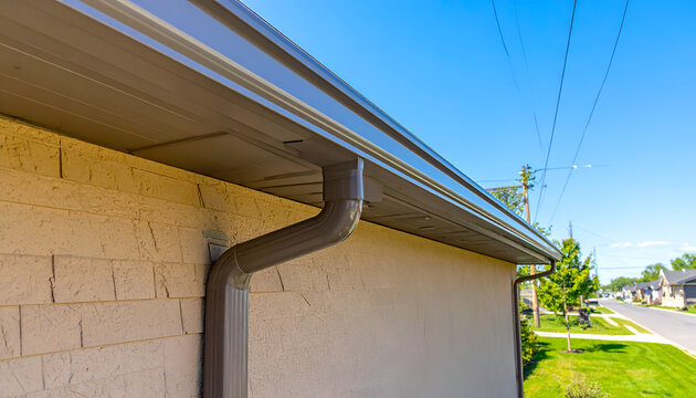 Close-up of a modern house gutter system on a sunny day.