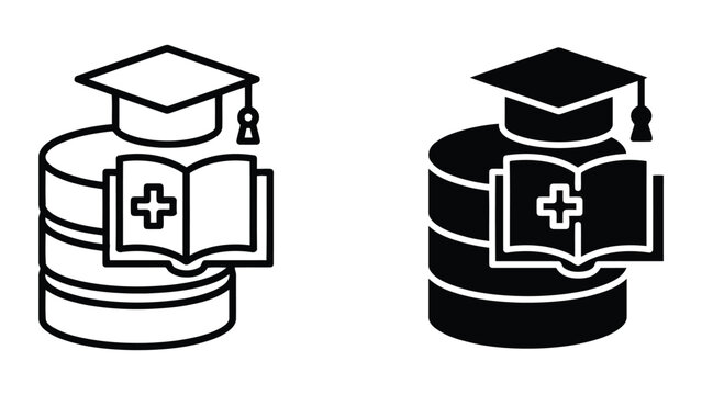 Digital database server with academic graduation cap and open book icon representing educational data storage e-learning platforms and digital library systems for modern online education