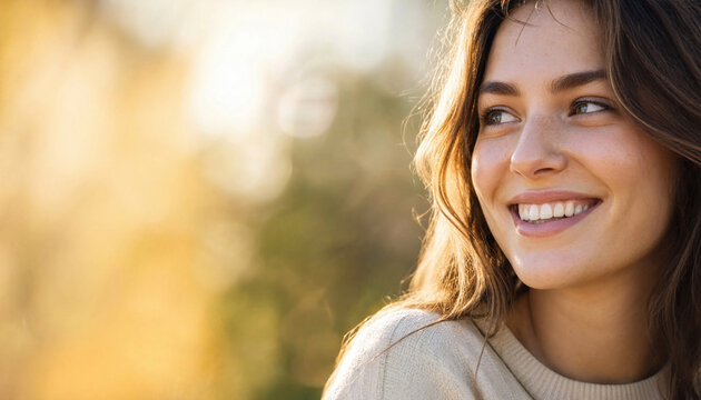 Close up portrait of smiling young woman in autumn park backlight
