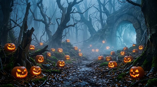 Glowing Halloween pumpkins in a dark scary forest illustration