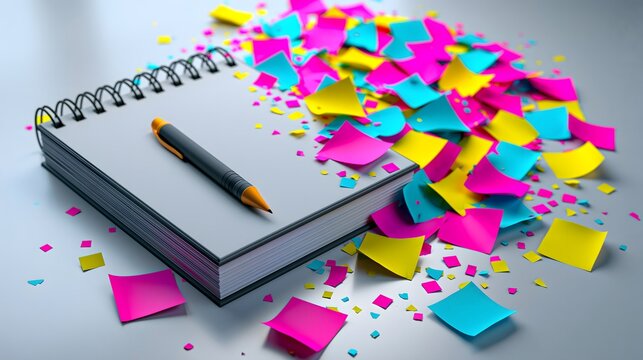 Notizbuch mit bunten Haftnotizen als kreatives Schulstart- und Organisationskonzept