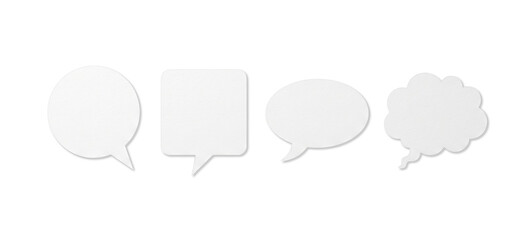 Blank white paper speech bubbles in various shapes, isolated on transparent background