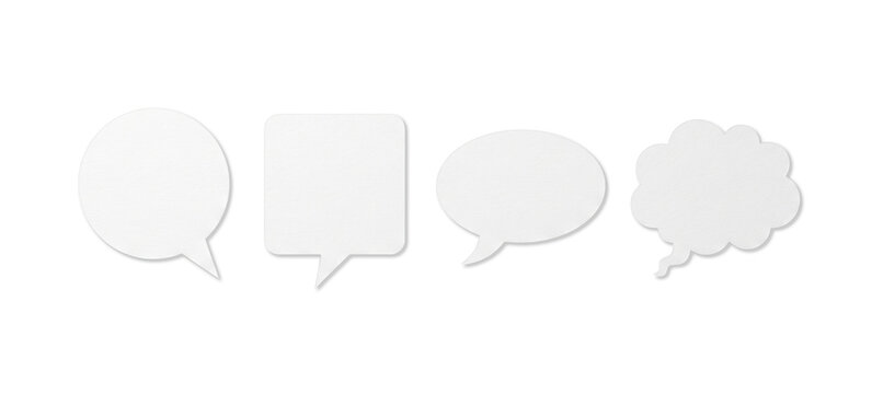 Blank white paper speech bubbles in various shapes, isolated on transparent background