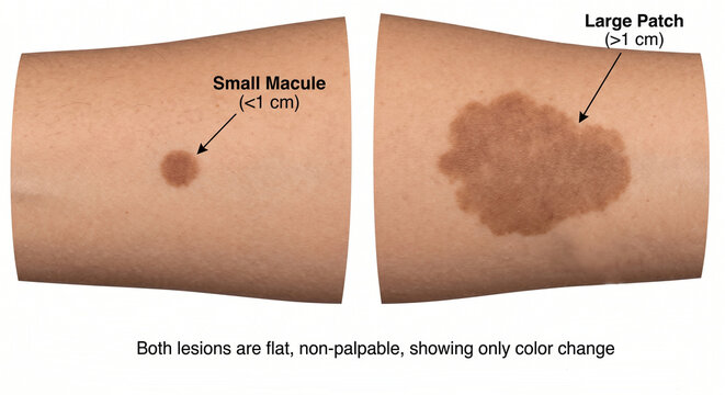 Macule vs Patch Comparison - side-by-side comparison of a small macule (<1 cm) and a large patch (>1 cm) on human skin - Macule in Human Skin &mdash; Medical Dermatology Plate (2-100) 