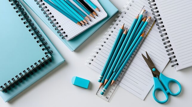 Schulmaterial mit Notizb&uuml;chern Bleistiften und Schere auf hellem Schreibtisch
