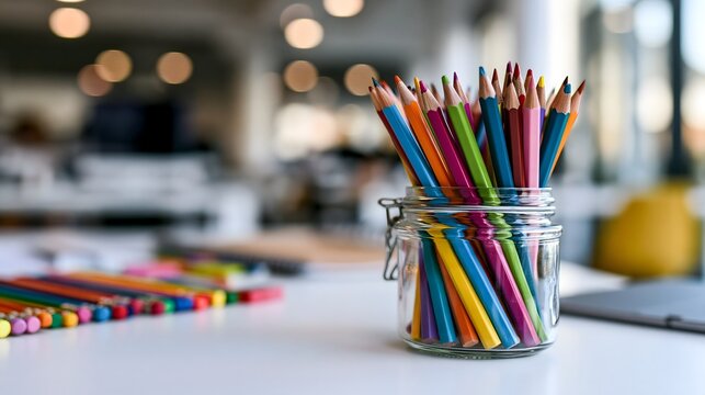 Buntstifte im Glas auf modernem Arbeitsplatz mit unscharfem Hintergrund