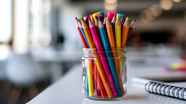 Buntstifte im Glas auf modernem Schreibtisch mit kreativem Arbeitsbereich