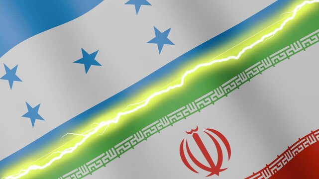 Two waving flags Honduras and Iran with diagonal lightning seamless, 4k loop