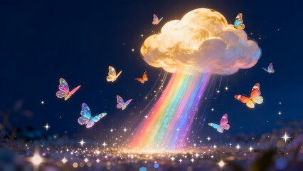 Naklejka premium Cloud with rainbow and butterflies