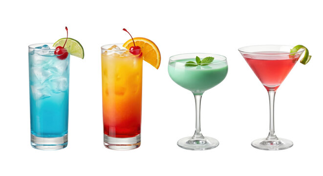 Selection of colorful alcoholic cocktails with fruit garnishes
