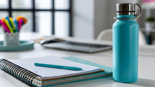 Moderne Trinkflasche auf Schreibtisch im B&uuml;ro mit Notizbuch und Stift