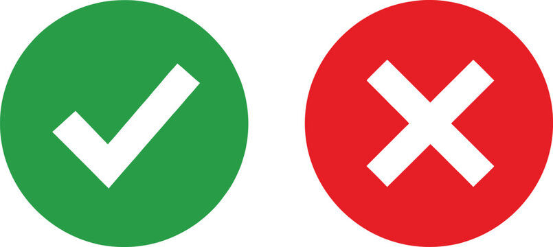 Green check mark and red cross sign icon set for survey choice and correct or wrong selection