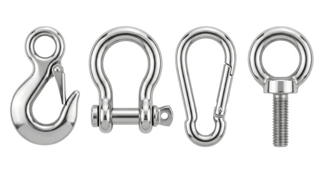 Stainless steel rigging hardware including hook shackle carabiner and eyebolt