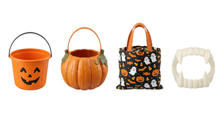 Set of Halloween trick or treat bags buckets and vampire fangs © PNG Lab