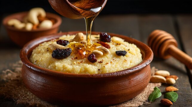 Honey pouring over a bowl of semolina porridge with nuts and dried fruit. Traditional Indian dessert Halwa in a clay bowl. Healthy morning breakfast or festive ethnic meal concept.