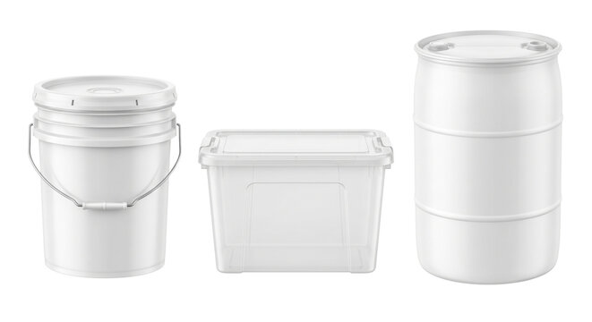 White industrial plastic storage containers and drum on transparent background