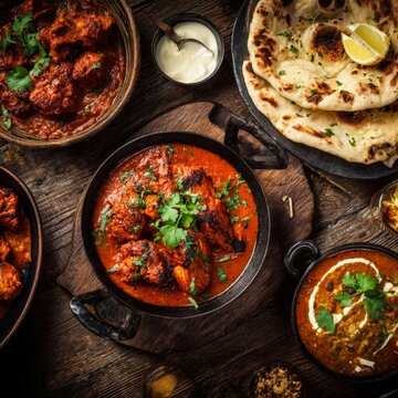 Indian chicken tikka masala with naan bread in iron bowls on dark wooden background. Traditional spicy curry dish served for dinner. Asian cuisine culinary background food concept.