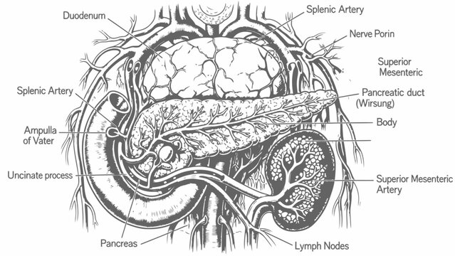 Medical Illustration of Human Pancreas Anatomy with Arteries and Ducts