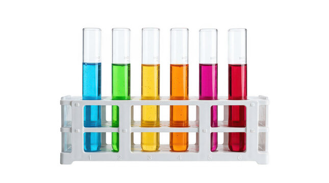 Laboratory test tubes with colorful liquid in a white rack, scientific chemistry glassware for medical research, biotechnology experiment equipment isolated on Transparent Background