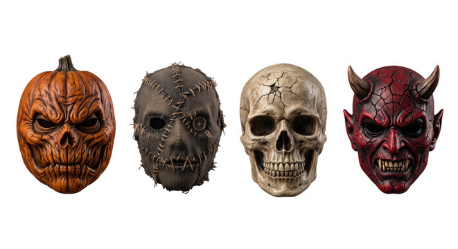 Spooky halloween scary masks collection with pumpkin skull devil