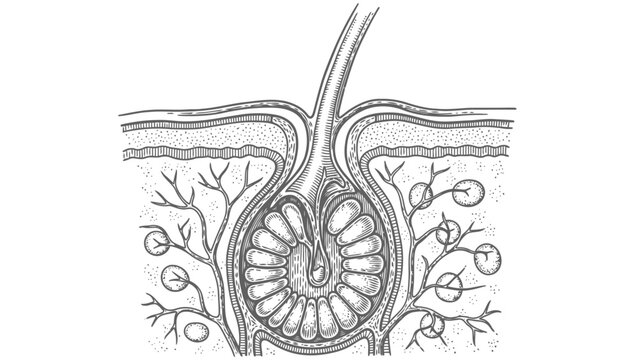 Anatomical illustration of a human hair follicle and sebaceous gland structure