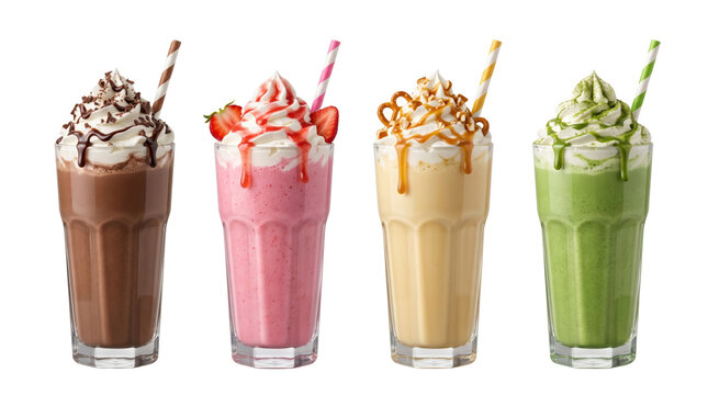 Four different flavored milkshakes topped with whipped cream and syrup