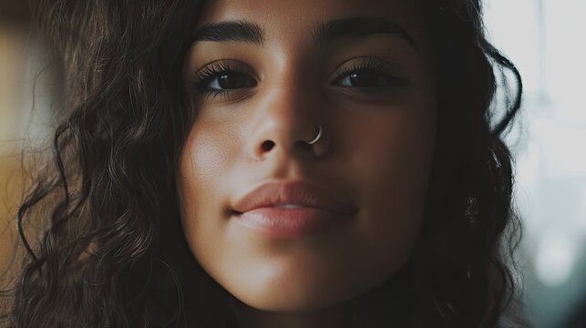 Closeup portrait young woman curly hair nose piercing soft lighting intimate beauty fashion lifestyle