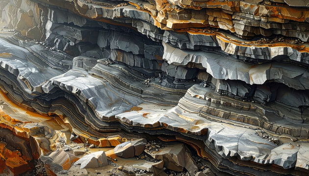 Closeup of layered sedimentary rock formations with rich textures