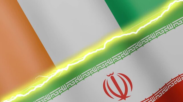 Two waving flags Ivory Coast and Iran with diagonal lightning seamless, 4k loop