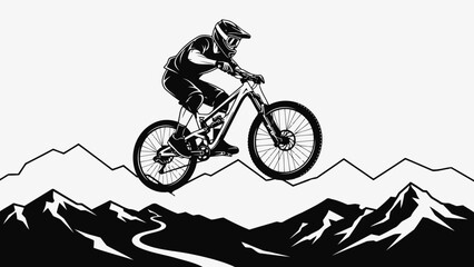 Mountain Biker Jumping Over Landscape Silhouette Illustration © kiki__