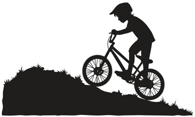 Obraz premium Mountain bike silhouette of young boy riding downhill, extreme sports bmx cyclist on trail, outdoor adventure mountain biking vector