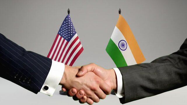 International Business and Political Agreement Between USA and India Delegates with Handshake and National Flags