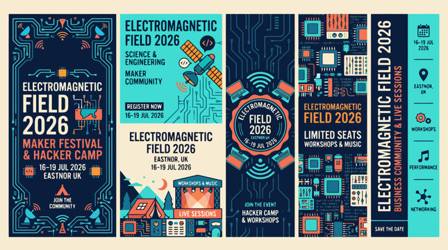 Electromagnetic Field 2026 event banners, science and engineering maker festival posters, hacker camp and tech community flyer set, vector illustrations