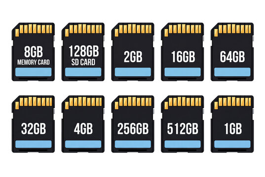 Set of ten digital sd memory cards on transparent background