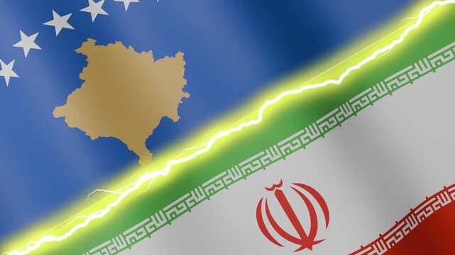 Two waving flags Kosovo and Iran with diagonal lightning seamless, 4k loop
