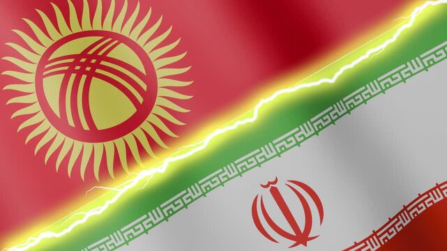 Two waving flags Kyrgyzstan and Iran with diagonal lightning seamless, 4k loop