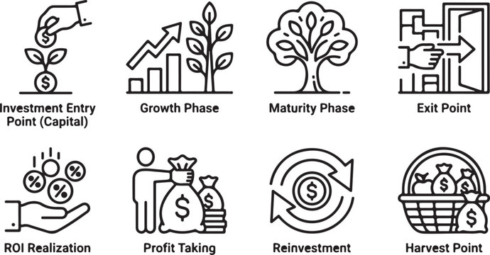 Business finance stages icons set investment entry growth phase maturity exit point roi realization profit taking reinvestment harvest point.