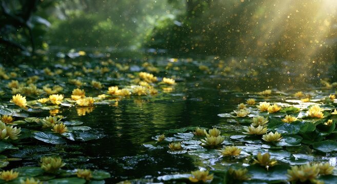 Enchanting Pond with Yellow Water Lilies and Sunbeams.