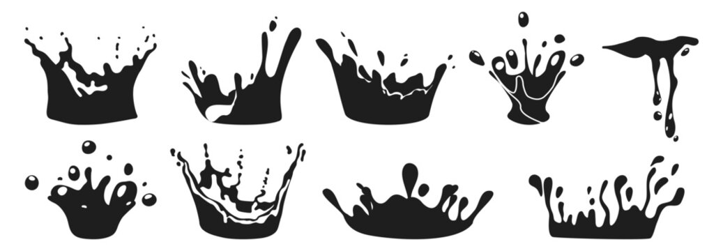 Set of black liquid splash silhouettes. Ink drops and drips.