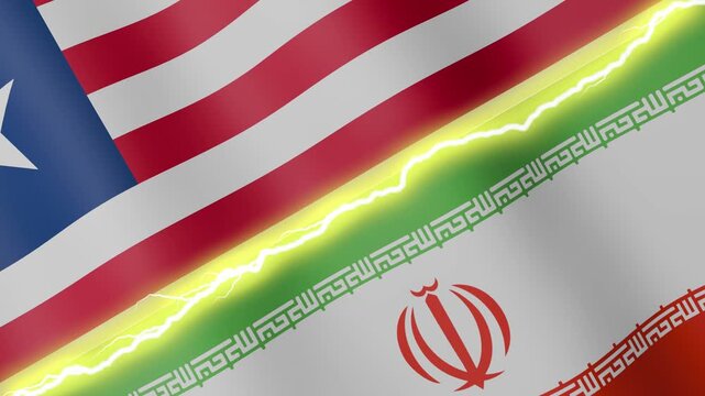 Two waving flags Liberia and Iran with diagonal lightning seamless, 4k loop
