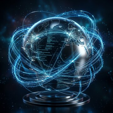 Global Network Connections: Digital Earth with Futuristic Blue Light Trails